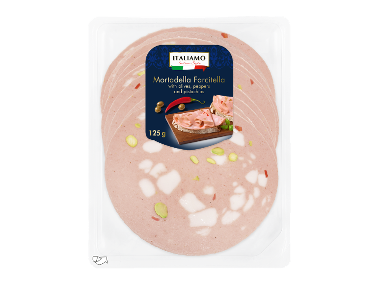 Emballage de mortadelle tranchée aux olives, poivrons et pistaches, 125 g