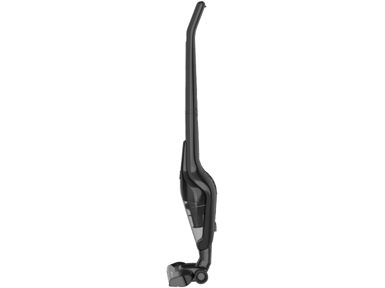 Aspirateur balai sans fil noir avec bac à poussière transparent, vue latérale.