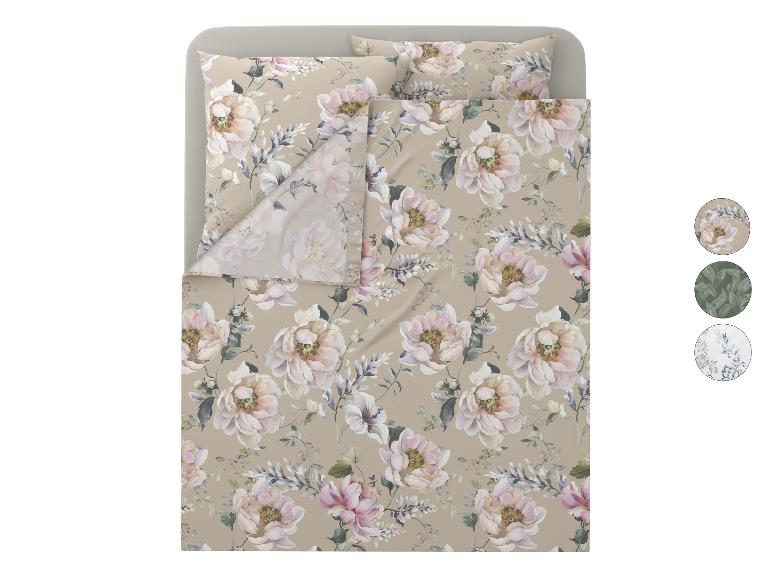 Parure de lit à motif floral beige, avec oreillers assortis et échantillons de couleurs.