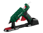 Pistolet à colle chaude vert sur un support noir avec des accents rouges.