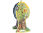 Centre d'activités en bois en forme d'arbre avec animaux, abeilles, pommes et détails interactifs.