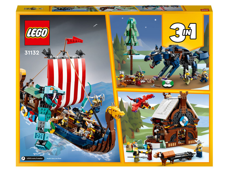 Ensemble LEGO Creator 3 en 1 avec un navire viking, un loup et une maison.