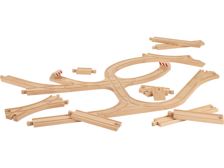Rails de train jouet en bois avec diverses pièces courbes, droites et d'aiguillage, y compris un croisement.