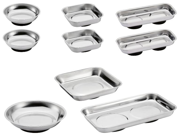 Ensemble de bols et plateaux magnétiques en acier inoxydable pour atelier.