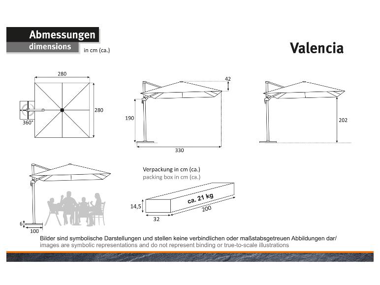 Dimensions du parasol Valencia avec vue de dessus, de côté et détails d'emballage.