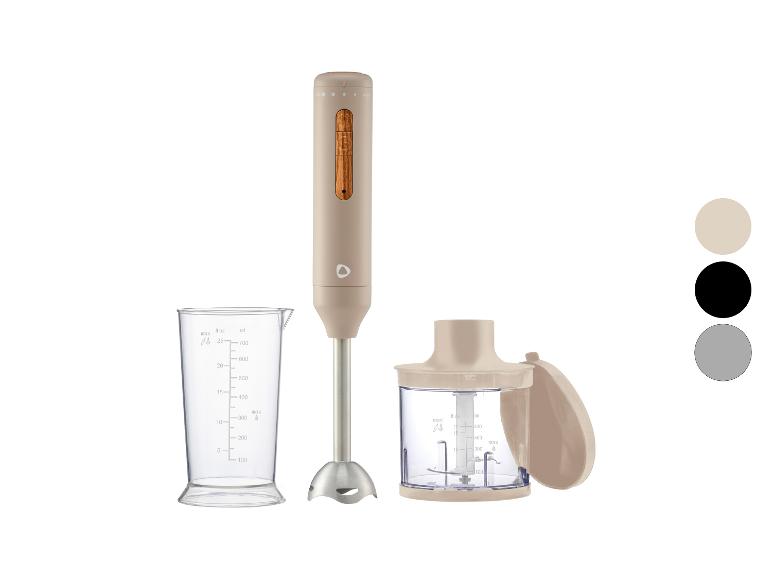 Ensemble mixeur plongeant beige avec verre doseur et hachoir, affichant les réglages max/min.