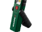 Lampe de travail verte avec bouton d'alimentation rouge et support noir, texte 'PARKSIDE'.