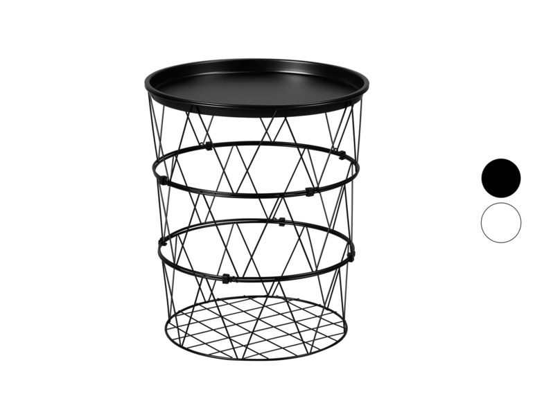 Un panier de rangement en métal noir avec un dessus rond.