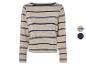 Pull beige à rayures bleues marines.