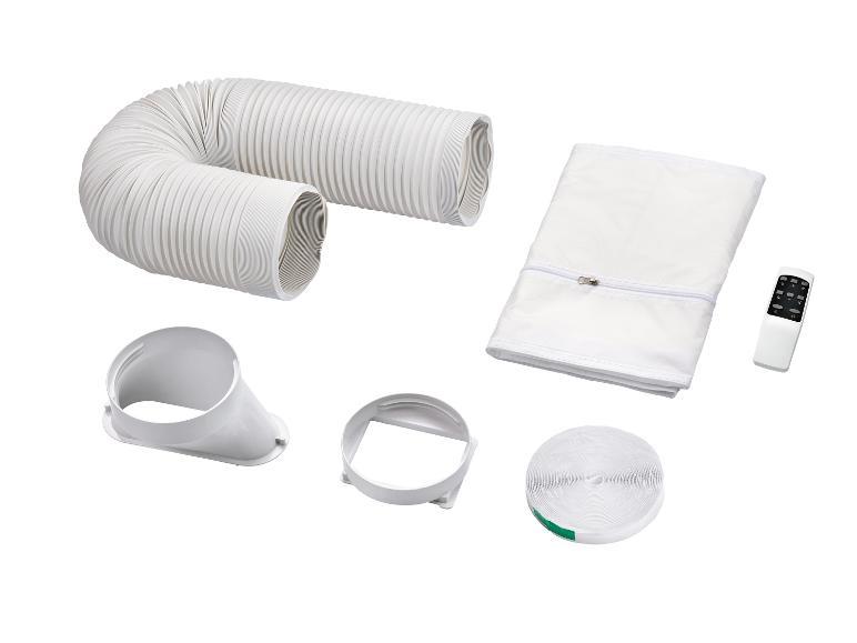 Kit d'accessoires pour climatiseur portable avec tuyau de ventilation, adaptateurs, joint de fenêtre et télécommande.