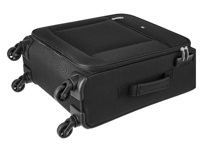 Valise noire à roulettes, idéale pour les voyages.