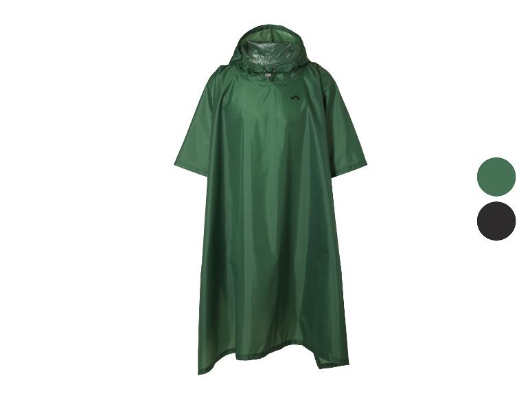 Poncho de pluie vert avec capuche et logo, avec options de couleur vert foncé et noir.