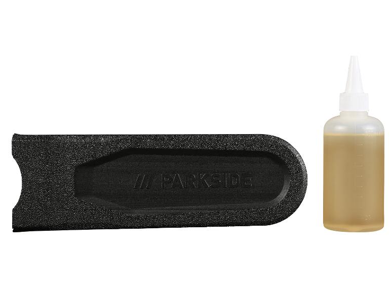 Accessoire Parkside pour tronçonneuse avec flacon d'huile.