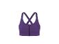 Brassière de sport violette avec fermeture éclair avant et bretelles croisées.
