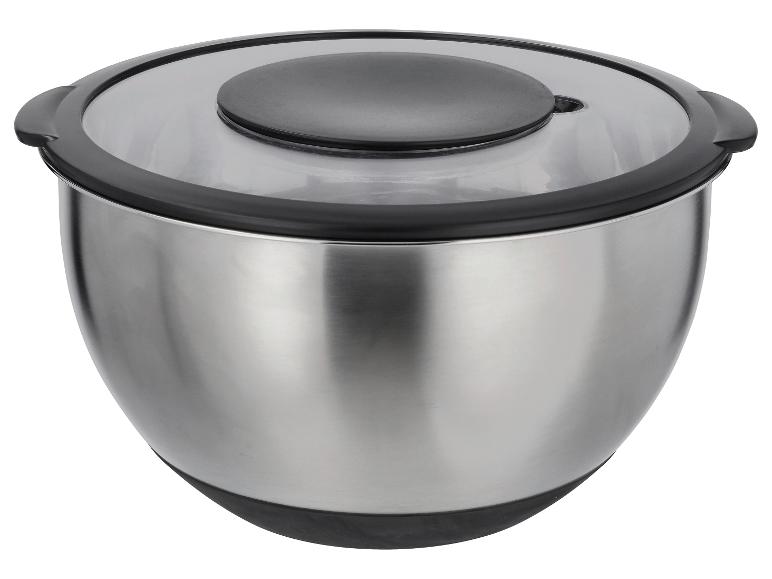 Bol mélangeur en acier inoxydable avec couvercle transparent et poignée.