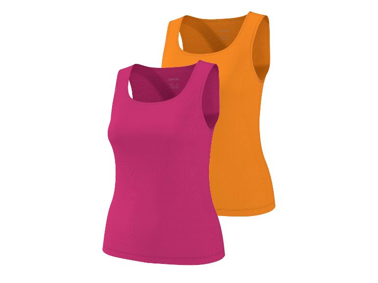 Deux débardeurs pour femmes, un fuchsia et un orange, avec une texture côtelée.