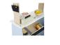 Magasin de jouets en bois avec caisse enregistreuse, balance et divers aliments factices.