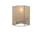 Sauna d'angle avec porte vitrée, banc en bois et chauffage