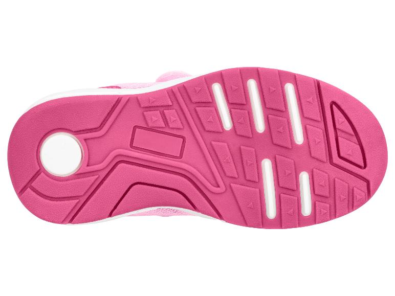 Semelle de chaussure de sport rose pour enfant avec détails blancs et bande de roulement texturée.