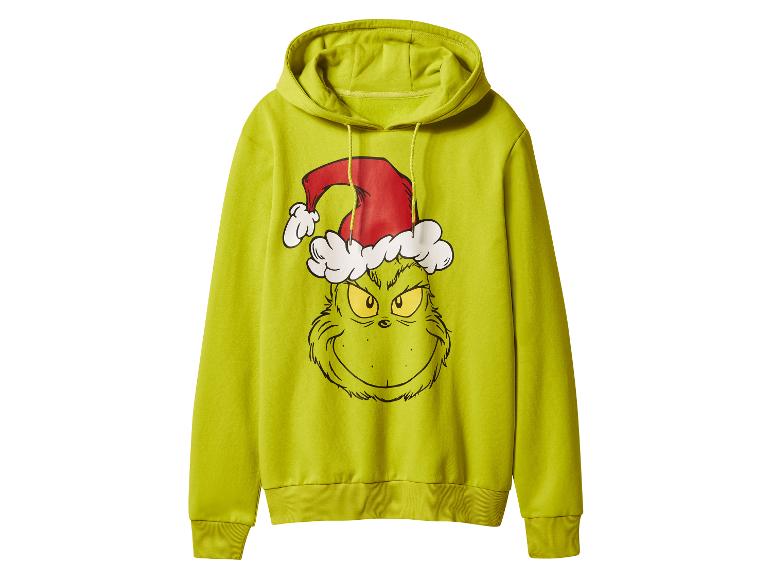 Sweat à capuche vert lime Grinch avec un bonnet de Père Noël rouge sur fond blanc.