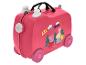 Valise enfant rose avec personnages de dessins animés et le texte 'ARE WE THERE YET?'