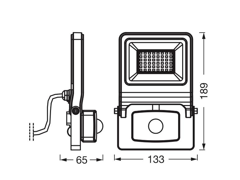 Dessin technique d'un projecteur LED avec dimensions : 189 mm de hauteur, 133 mm de largeur et 65 mm de profondeur.