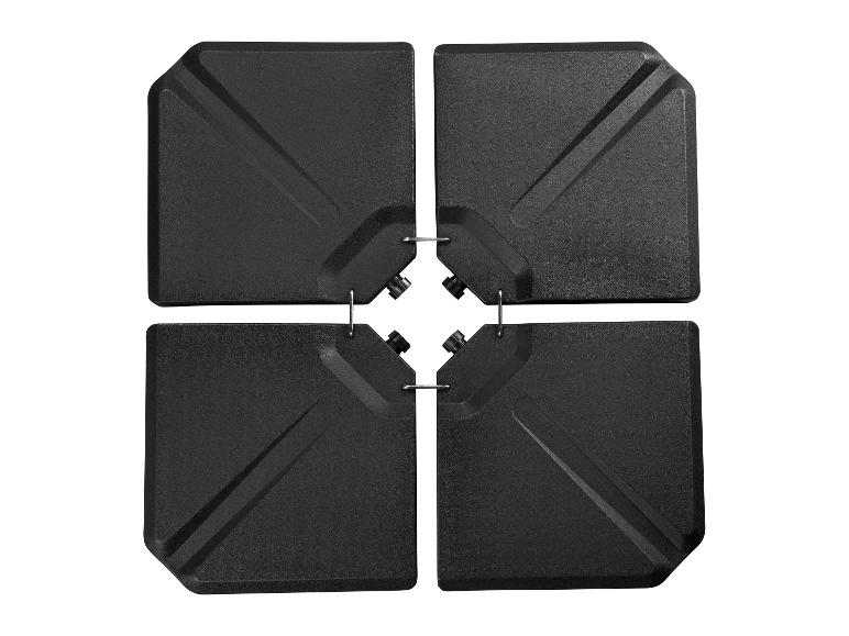 Base de parasol noire en quatre pièces avec connecteurs métalliques.
