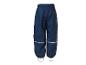 Pantalon imperméable bleu pour enfants avec bandes réfléchissantes et sangles élastiques aux chevilles.
