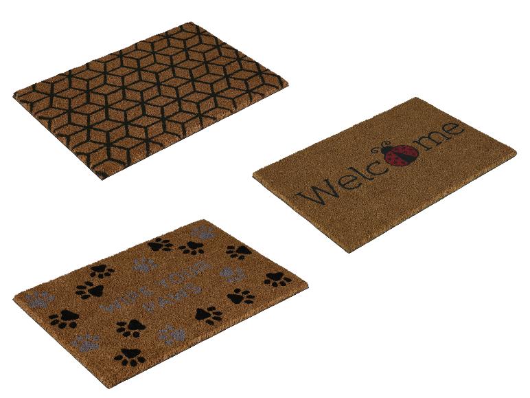 Tapis de bienvenue : motifs géométriques, coccinelle « Bienvenue », empreintes de pattes.