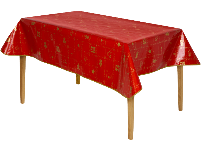Nappe de Noël rouge avec motifs festifs dorés sur une table en bois.