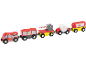 Train jouet en bois avec locomotive de pompiers et wagons de fret, citerne et barrière.