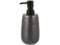 Distributeur de savon gris foncé avec pompe noire et bord doré subtil.