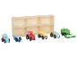 Ensemble de véhicules agricoles en bois, comprenant des tracteurs et une moissonneuse-batteuse, avec une boîte de rangement en bois.