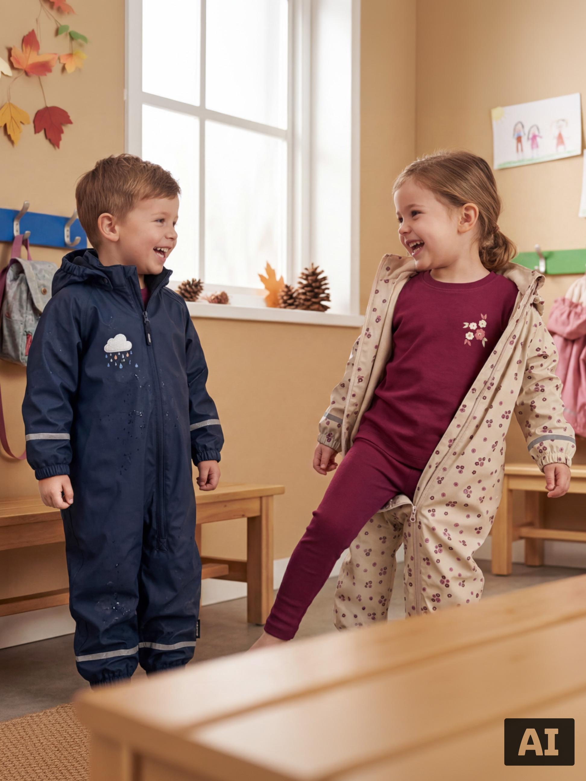 Deux enfants rient en enfilant des combinaisons de pluie, l'une bleue avec un nuage, l'autre beige à motifs floraux.