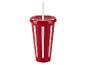Un gobelet en plastique rouge avec des rayures blanches et une paille.