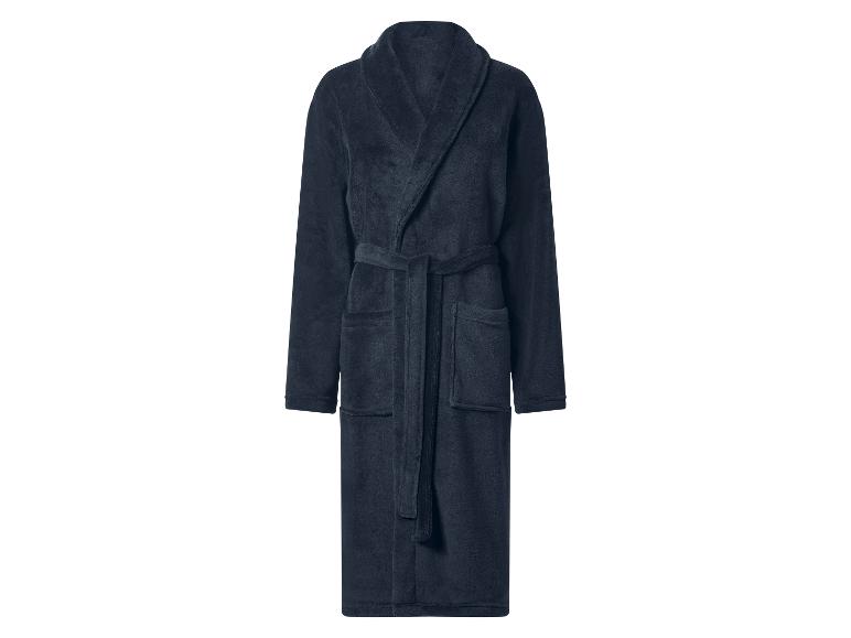 Peignoir de bain bleu foncé en tissu éponge avec ceinture et poches.