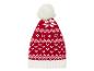 Un bonnet rouge en tricot avec un pompon blanc et un motif d'hiver.