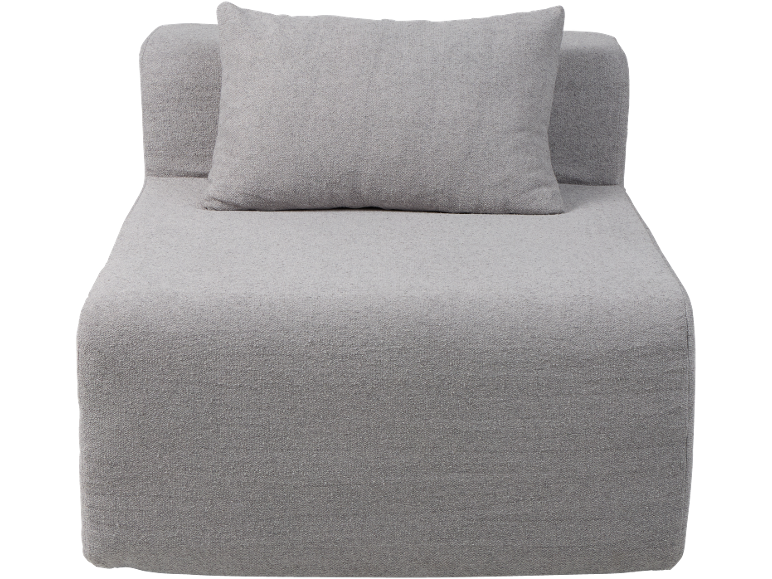 Canapé modulaire gris avec coussin, en tissu texturé.