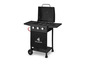 Un barbecue à gaz noir Grillmeister avec le couvercle ouvert.