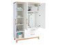 Armoire blanche avec portes ouvertes, deux tiroirs et une barre de penderie.