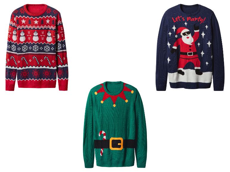 Trois pulls de Noël : un rouge avec des bonhommes de neige, un vert d'elfe et un bleu avec un Père Noël dansant.