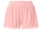 Short rose pour femme avec taille élastique et bordure en dentelle blanche.