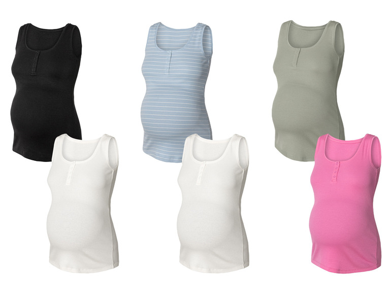 Des débardeurs pour femmes enceintes en noir, bleu à rayures, vert et rose.
