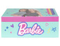 Une boîte Barbie rose avec deux poupées et un arc-en-ciel.
