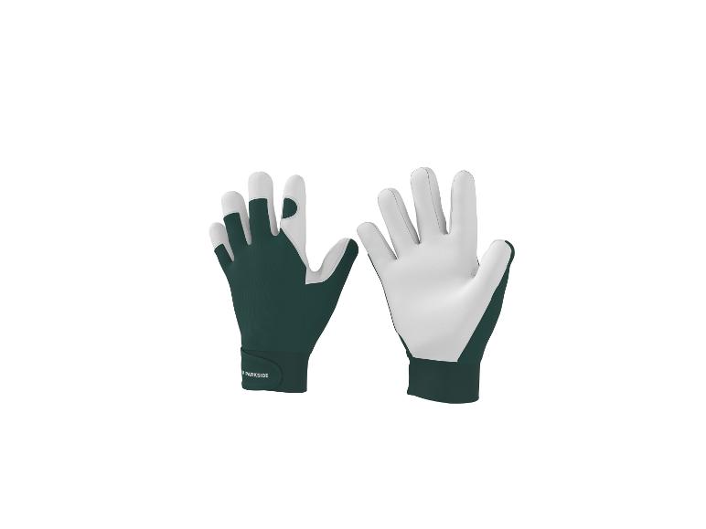 Paire de gants de jardinage verts et blancs avec le logo 'PARKSIDE' sur le poignet.
