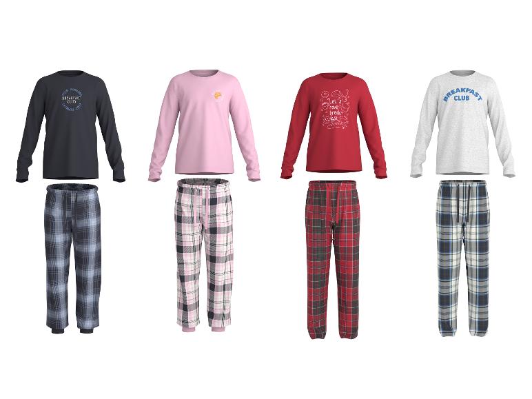 Quatre ensembles de pyjamas à manches longues et pantalons à carreaux avec des imprimés sur le thème du petit-déjeuner.