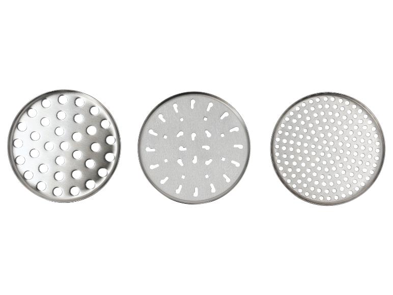 Trois disques métalliques ronds et perforés avec différents motifs de trous