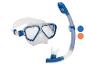 Masque de plongée avec tuba en bleu et transparent.