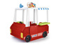 Un camion de nourriture pour enfant rouge avec un toit blanc et une auvent bleu.