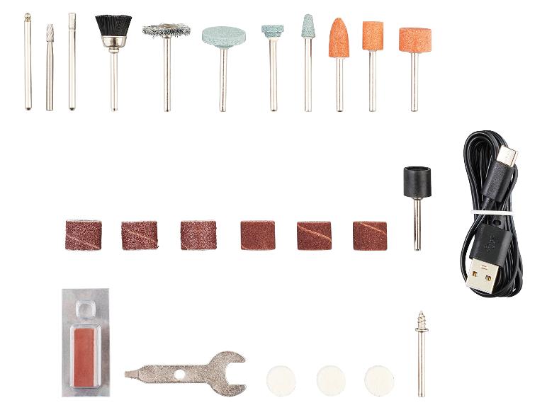 Ensemble d'accessoires pour outils rotatifs, comprenant des forets, des brosses, des pierres à polir, des bandes abrasives et un câble USB.